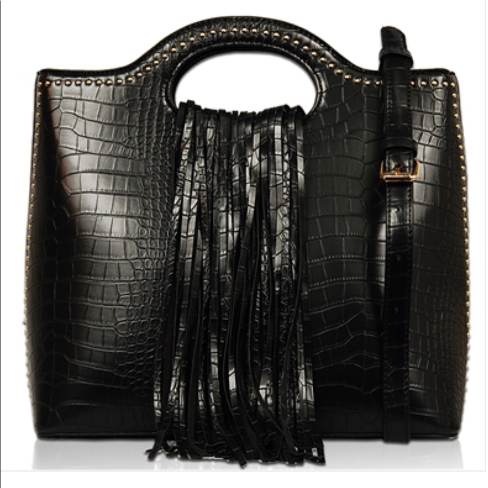 Fringe Top Handle Satchel Bag Black Faux Leather